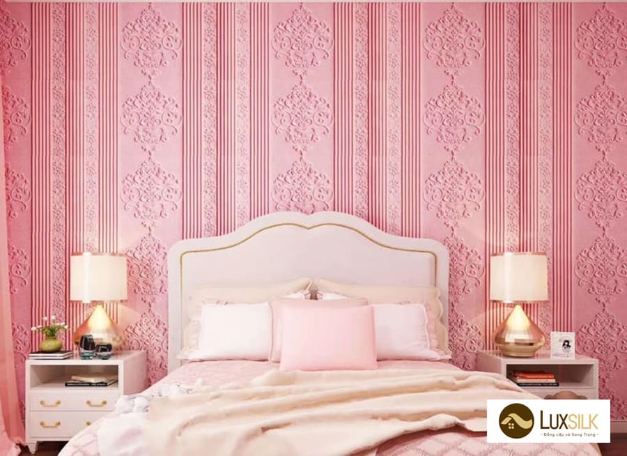 giấy dán tường màu hồng giả gạch