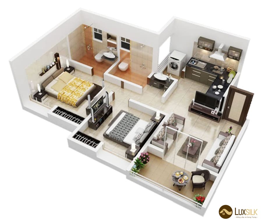 thiết kế nội thất chung cư 60m2 2 phòng ngủ