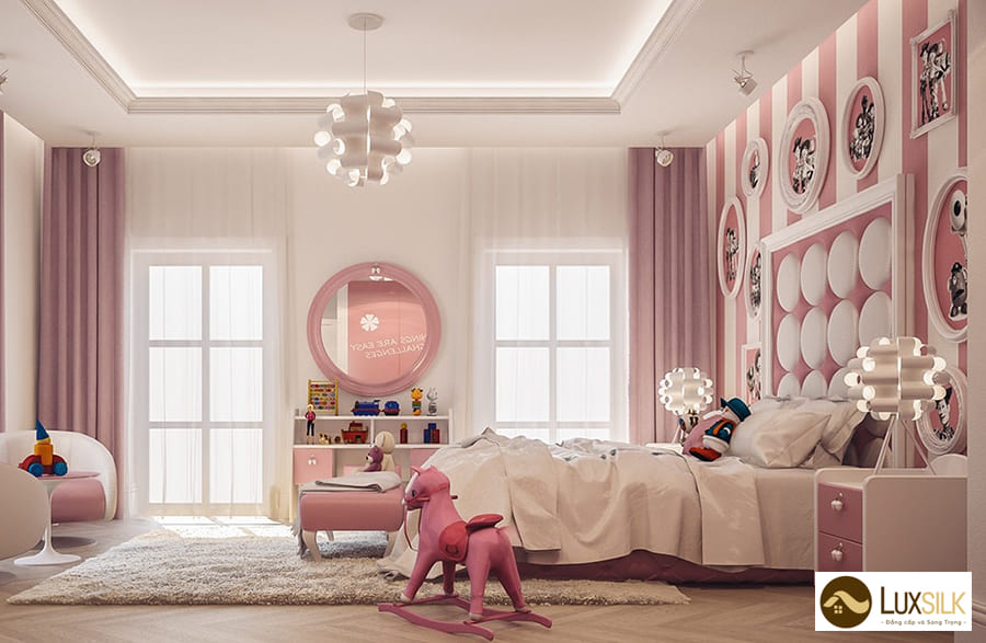 thiết kế phòng ngủ 12m2 cho bé gái yêu màu hồng